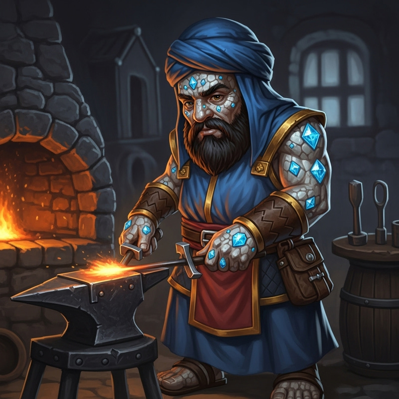 Arabic Dwarf Smith with Diamond-Encrusted Pebble-Textured Skin Arabic Dwarf Smith with Diamond-Encrusted Pebble-Textured Skin