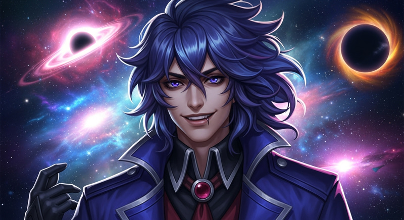 Villainous Anti-Hero with Blue Purple Hair - Young Man in Galactic Universe Villainous Anti-Hero with Blue Purple Hair - Young Man in Galactic Universe