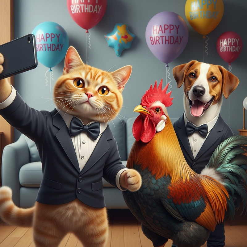 Realistic British Cat in Tuxedo Taking Selfie with Rooster | Birthday Celebration Realistic British Cat in Tuxedo Taking Selfie with Rooster | Birthday Celebration