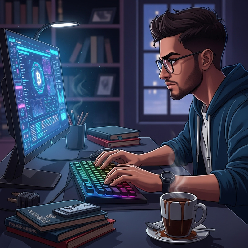Intense Focus: Skilled Programmer at Neon-Tinted Blockchain Desk