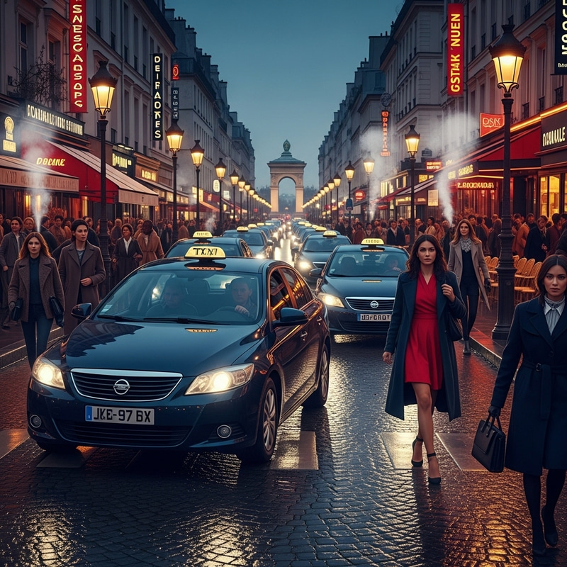 Paris Street Scene with Iconic Taxis in Action