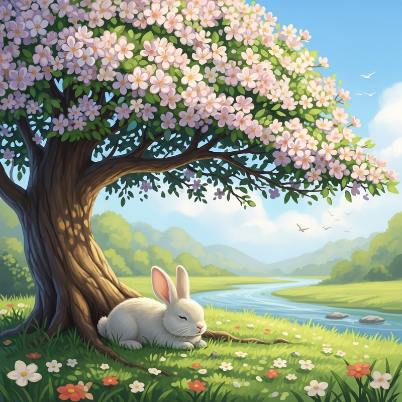 Tranquil Rabbit Napping Beneath Blossoming Tree Tranquil Rabbit Napping Beneath Blossoming Tree