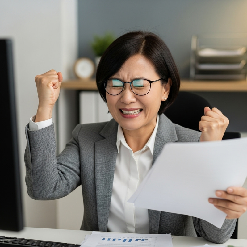 Triumphant Middle-Aged Asian Woman Achieves Long-Awaited Victory Triumphant Middle-Aged Asian Woman Achieves Long-Awaited Victory