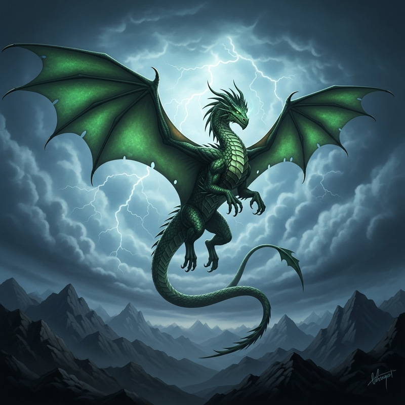 Majestic Dragon Soaring Over Stormy Peaks