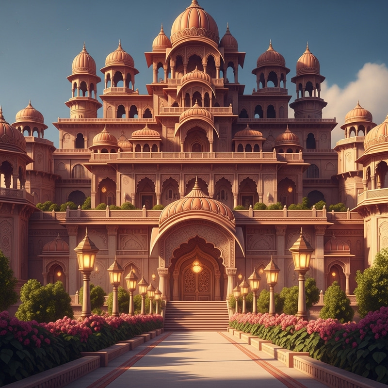 Lavishly Decorated Hindu Palace with Elegant Walkway Lavishly Decorated Hindu Palace with Elegant Walkway
