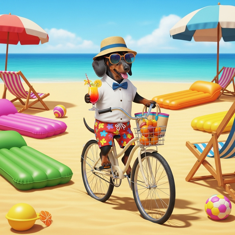 Dapper Dachshund in Beach Attire Riding Bicycle on Sandy Shoreline Dapper Dachshund in Beach Attire Riding Bicycle on Sandy Shoreline