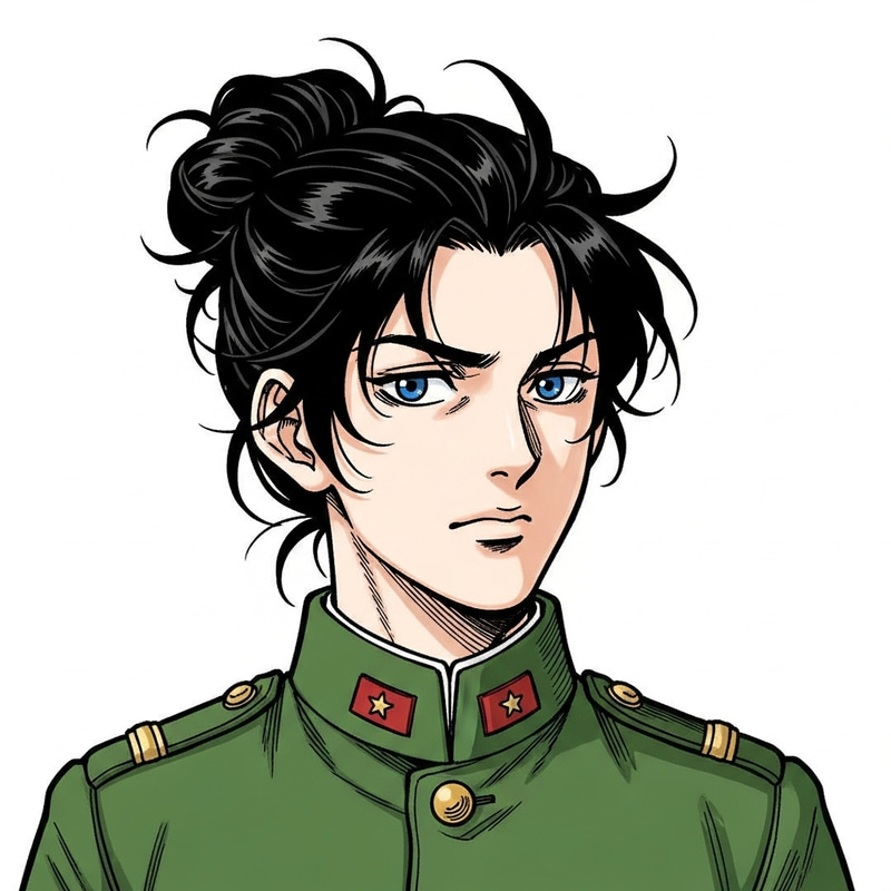 Tall Dark-Haired Male in Green Military Uniform - Titan-Style Manga Character Tall Dark-Haired Male in Green Military Uniform - Titan-Style Manga Character