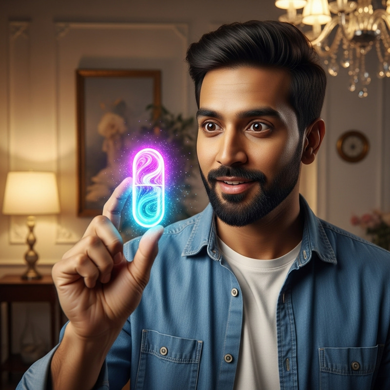 Man Holding Mesmerizing Magical Pill - Enigmatic Image Man Holding Mesmerizing Magical Pill - Enigmatic Image