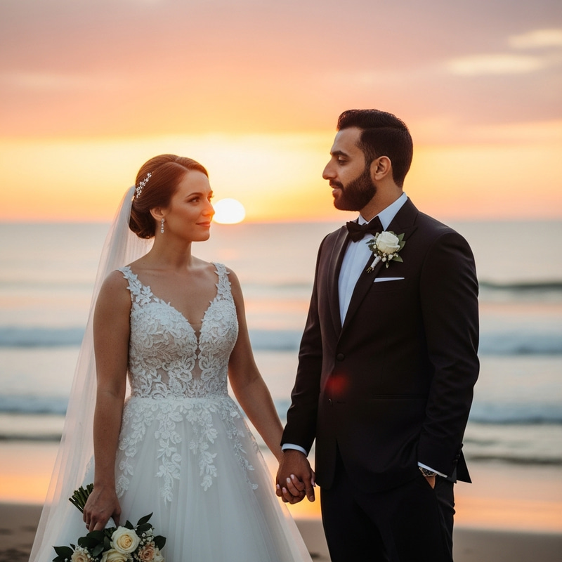 Romantic Beach Wedding at Twilight | Bride and Groom Holding Hands