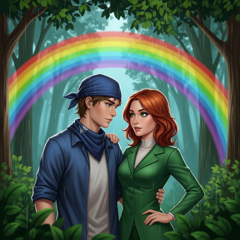 Enchanting Forest Moment: Boy and Girl Under Rainbow Enchanting Forest Moment: Boy and Girl Under Rainbow
