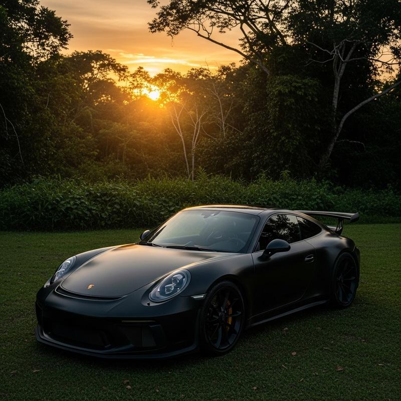 Matte Black Porsche 911 GT3 in Sunset Amazon Forest
