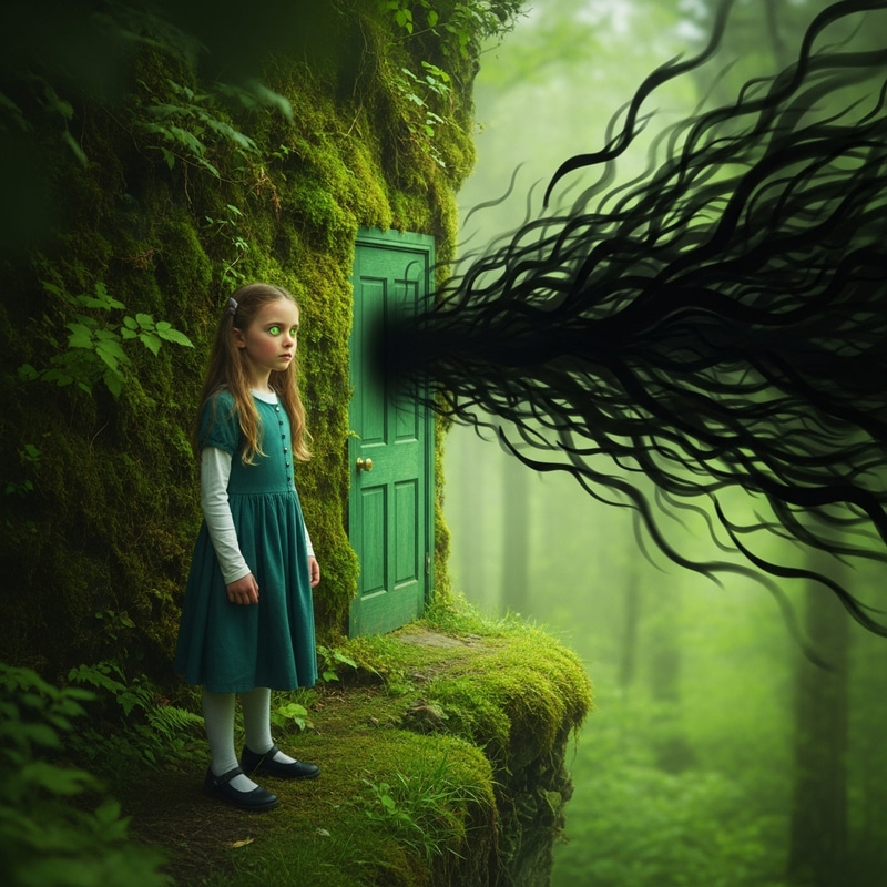 9-Year-Old Visionary Girl Staring at Mysterious Mossy Doorway 9-Year-Old Visionary Girl Staring at Mysterious Mossy Doorway