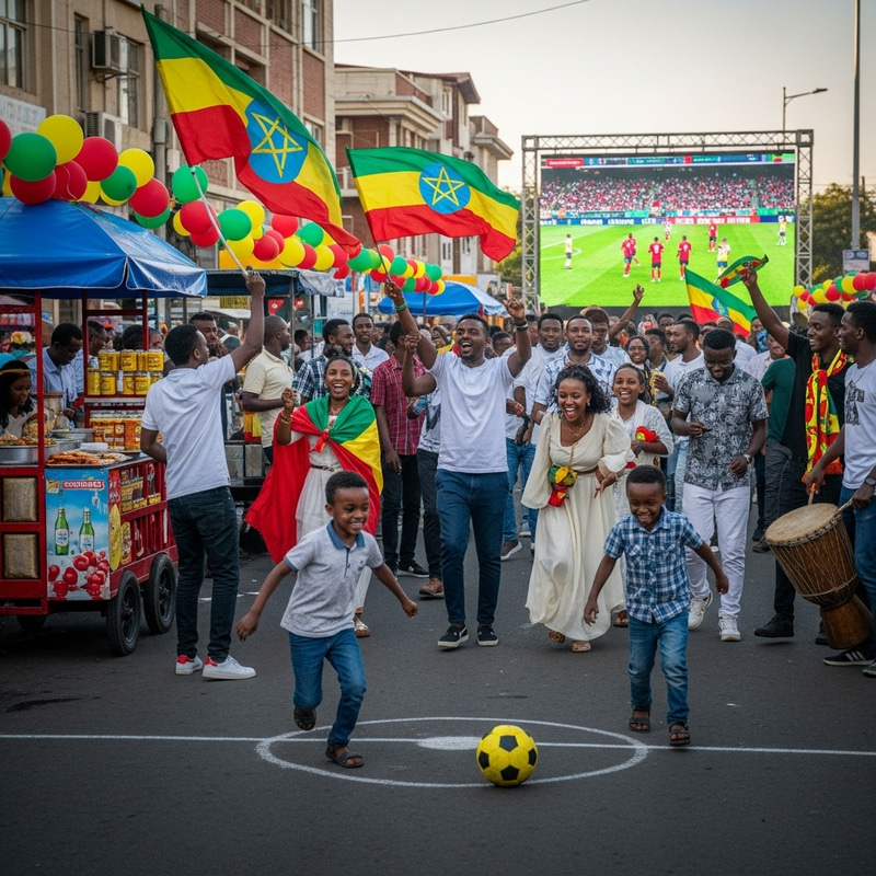 Ethiopian World Cup Victory Celebration | Street Scene with Festive Atmosphere