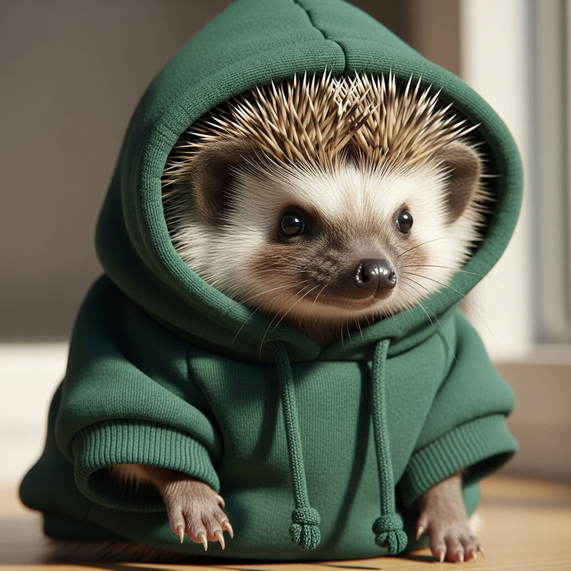 Hedgehog in Dark Green Hoodie