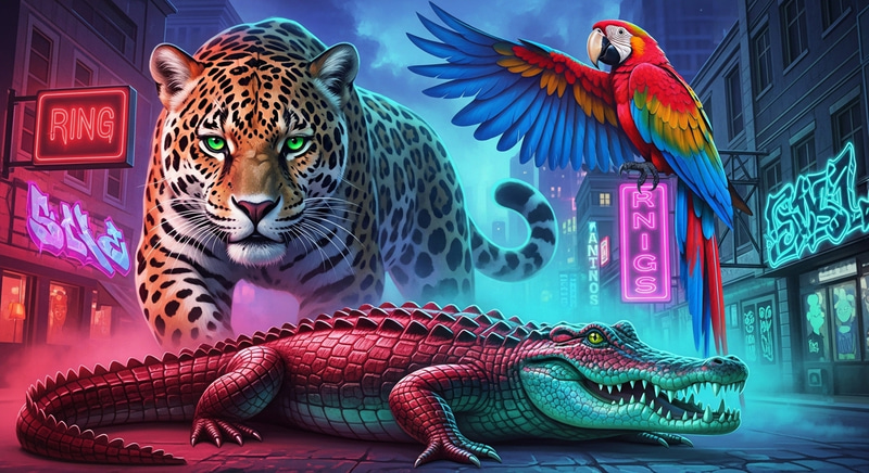 Modern Graffiti Neon Scene with Jaguar, Macaw & Alligator