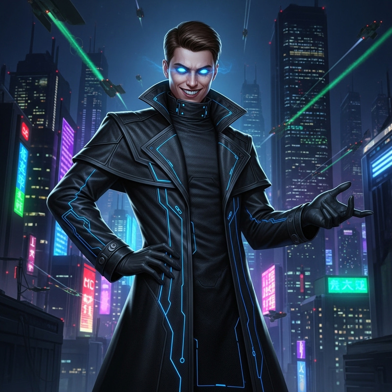 Dark Villainous Tech Visionary with Menacing Grin Dark Villainous Tech Visionary with Menacing Grin