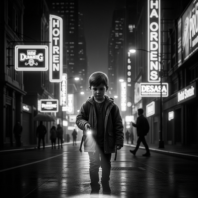 Heartbroken Boy Wanders Night City with Flashlight Heartbroken Boy Wanders Night City with Flashlight