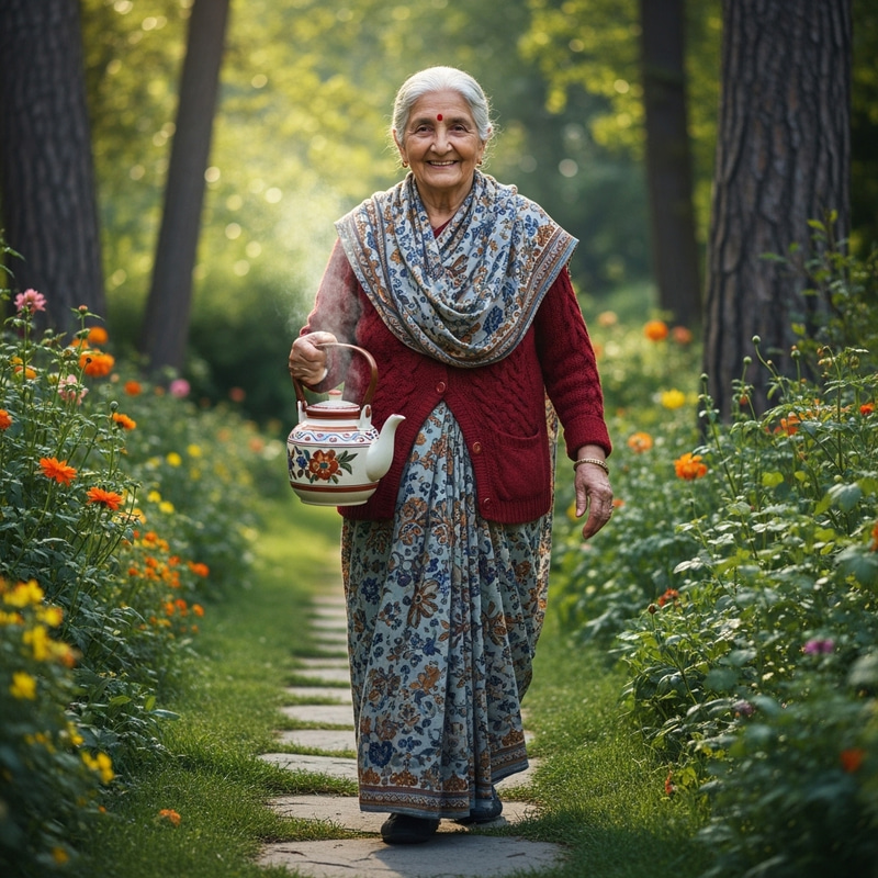 Elderly Woman Serving Tea in Enchanting Garden Setting Elderly Woman Serving Tea in Enchanting Garden Setting