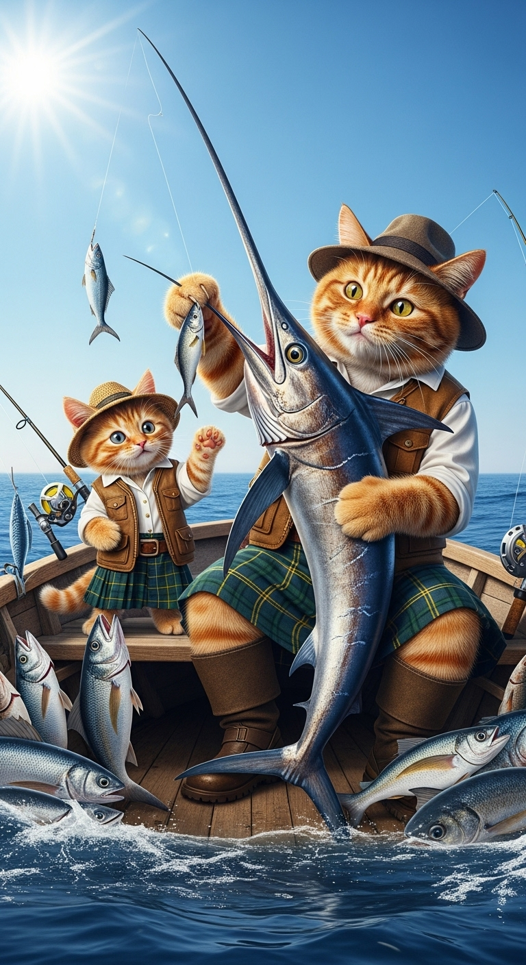 Delightful Fishing Scene: Ginger Scottish Cats Enjoying a High-Resolution Moment Delightful Fishing Scene: Ginger Scottish Cats Enjoying a High-Resolution Moment