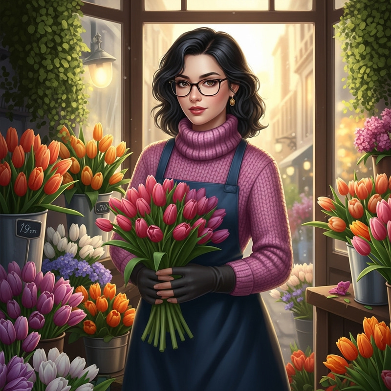 Captivating Tulip Girl: Enchanting Florist in a Vibrant City