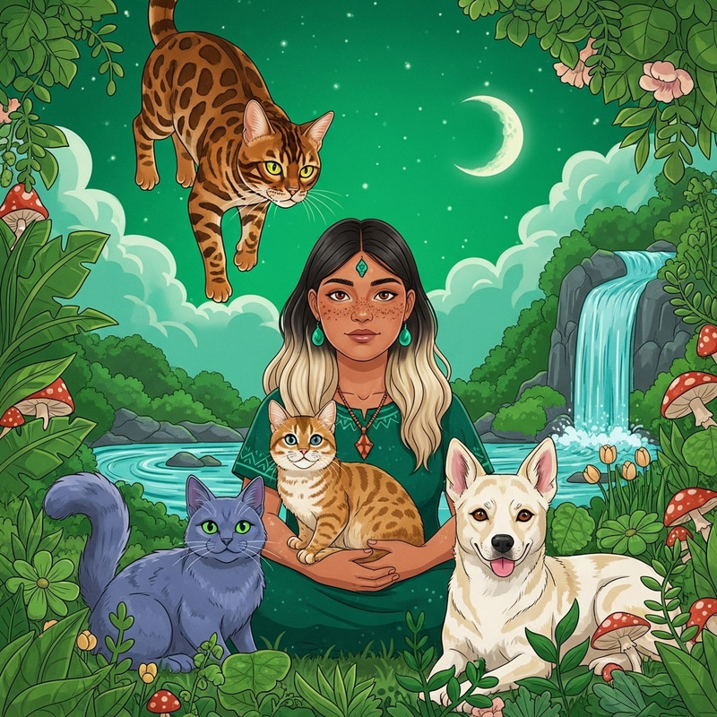 Enchanting Scene: Shaman Woman with Bengal Cat and Nature Harmony Enchanting Scene: Shaman Woman with Bengal Cat and Nature Harmony