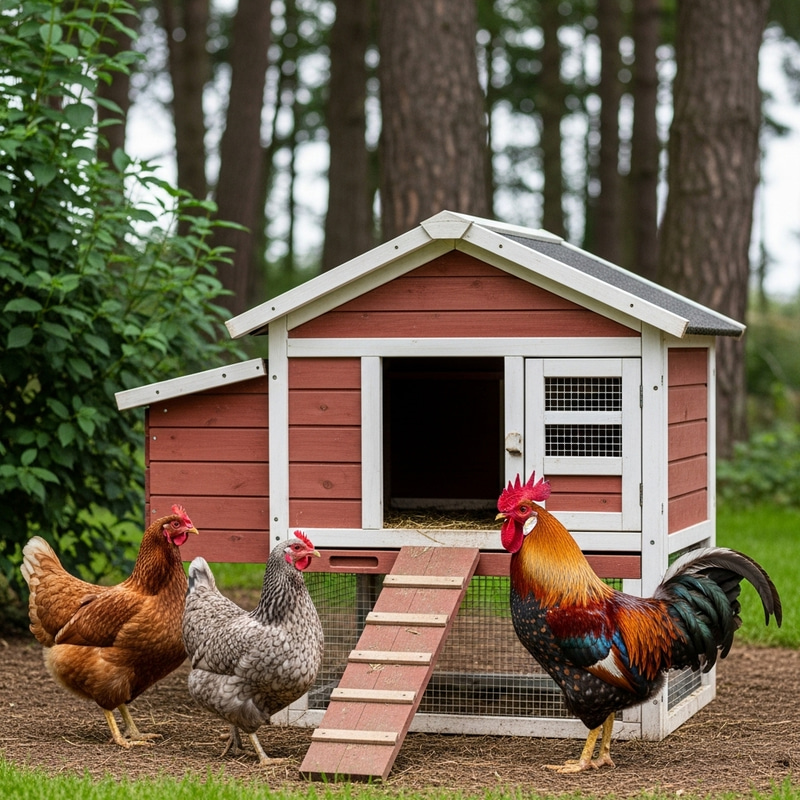 2 Hens and 1 Rooster at Wooden Chicken Coop | Cozy Countryside Scene