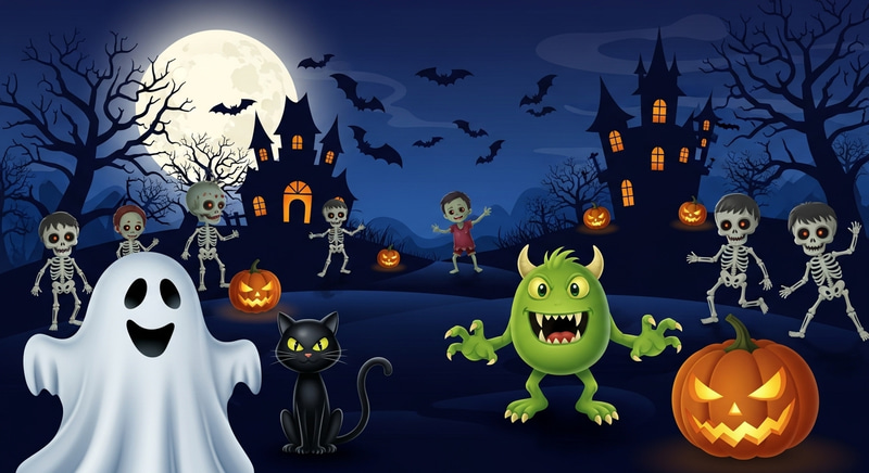 Fun Halloween Scene with Ghosts and Monsters Fun Halloween Scene with Ghosts and Monsters