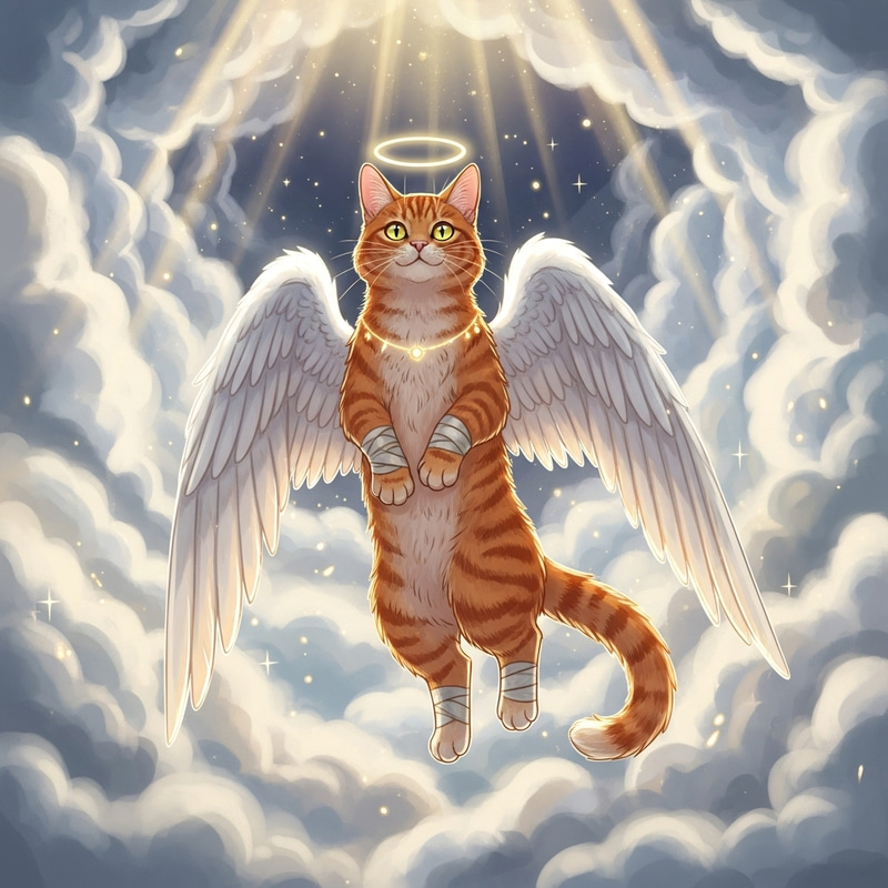 Red Cat with Angel Wings, Bandages, and Heavenly Aura