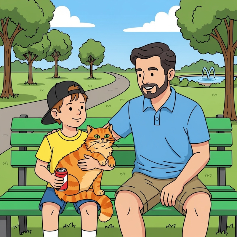 Father and Son in Park with Black Hat, Pepsi Can, Fat Cat Clipart Father and Son in Park with Black Hat, Pepsi Can, Fat Cat Clipart