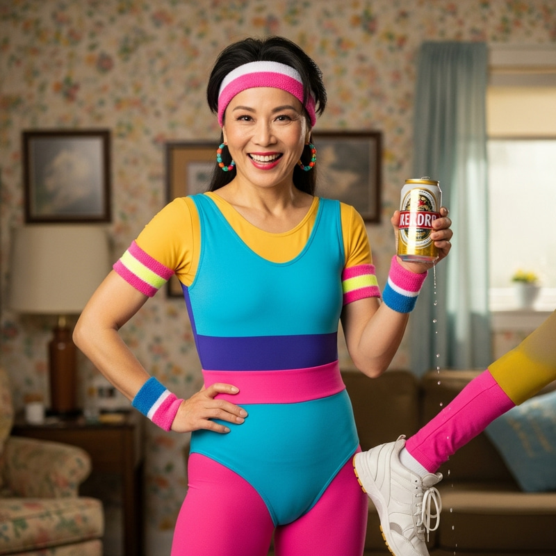 80's Woman in Workout Gear with Beer 80's Woman in Workout Gear with Beer