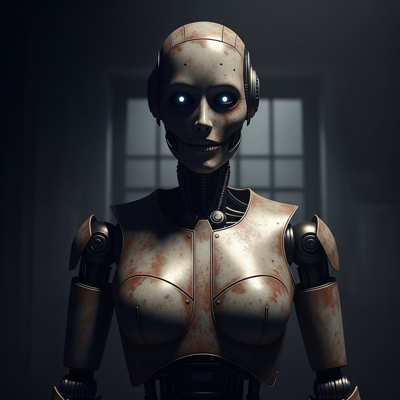 Creepy AI Robot in Horror Scene Creepy AI Robot in Horror Scene