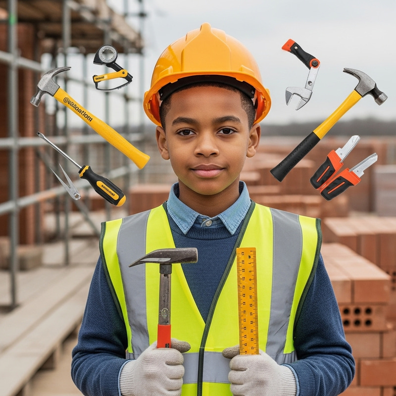 10-Year-Old American Boy in Builder Attire with Tools 10-Year-Old American Boy in Builder Attire with Tools