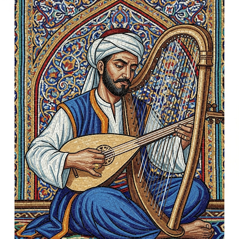 Male Middle-Eastern Harpist Mosaic Art | Detailed Musician Representation