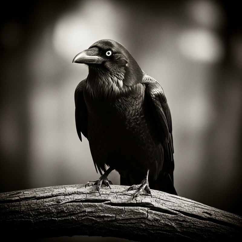 Elegant Raven Perched with Intense Gaze in Monochrome Beauty