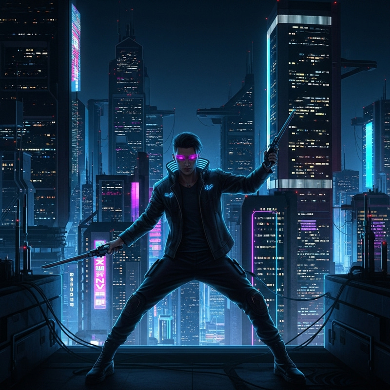 Vibrant Cyberpunk Cityscape with Mysterious Figure