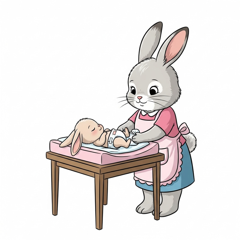Adorable Cartoon Newborn Bunny on Changing Table | Bunny Mommy Bonding Moment Adorable Cartoon Newborn Bunny on Changing Table | Bunny Mommy Bonding Moment