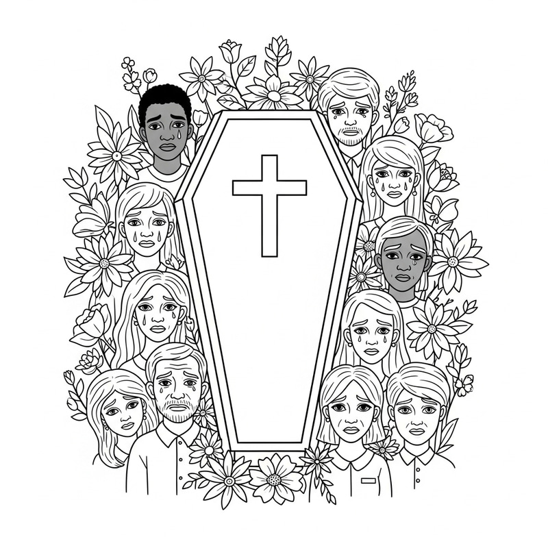 Whimsical Coffin Coloring Page with Sad Characters and Flowers