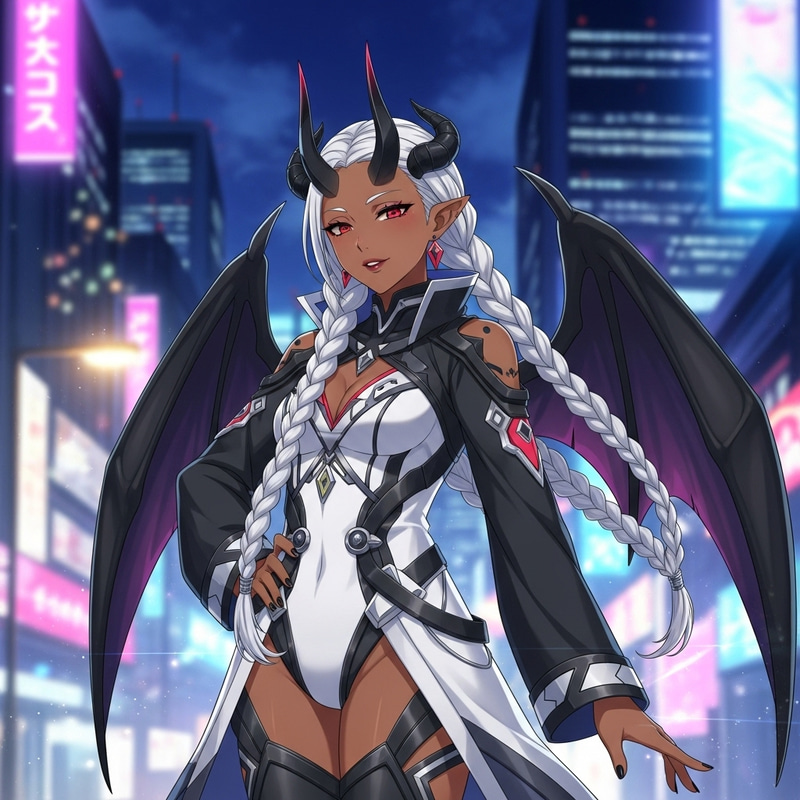 Anime Character with Brown Skin, White Hair, Black Horns & Bat Wings Anime Character with Brown Skin, White Hair, Black Horns & Bat Wings