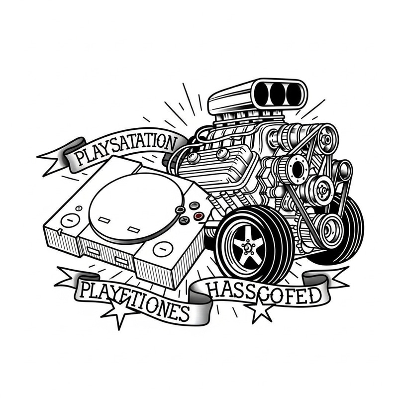 Vintage Playstation One with V8 Engine in American Tattoo Style Vintage Playstation One with V8 Engine in American Tattoo Style