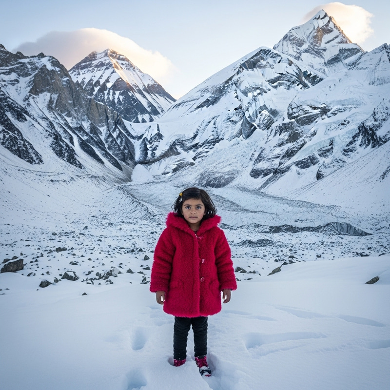 Young Girl in Coat on Snowy Mountain