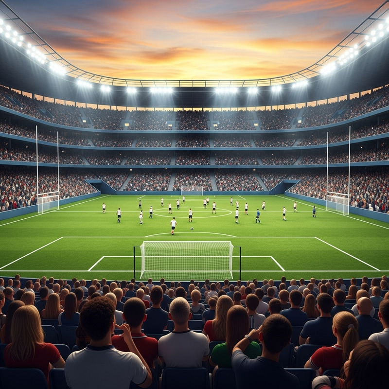 Vibrant Football Stadium Scene - Diverse Match Spectators at Sunset Vibrant Football Stadium Scene - Diverse Match Spectators at Sunset