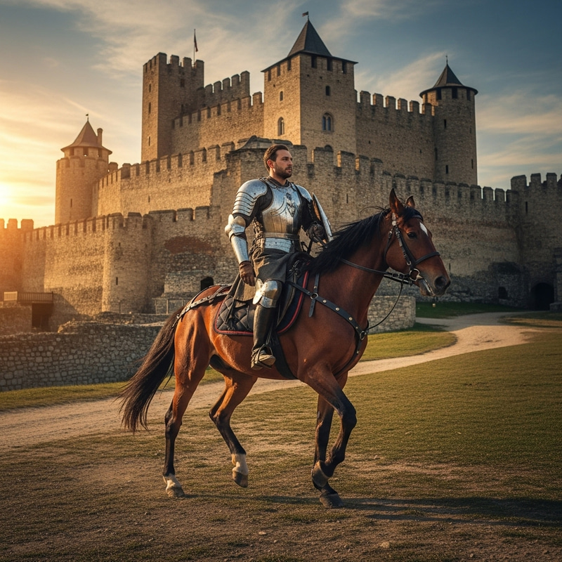 Knight on Horseback Behind a Magnificent Castle Knight on Horseback Behind a Magnificent Castle