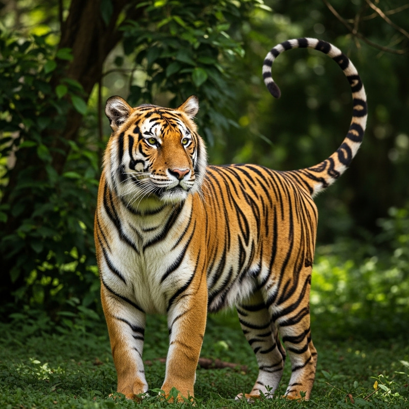 Impressive Tiger with Extraordinary Long Tail in Lush Jungle - Wildlife Encounter Impressive Tiger with Extraordinary Long Tail in Lush Jungle - Wildlife Encounter