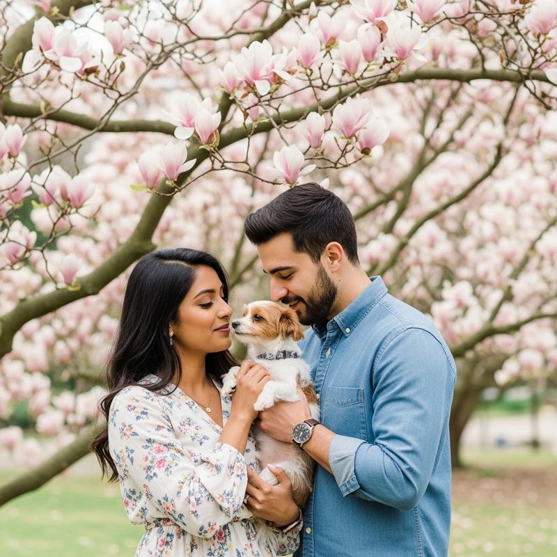 Beautiful Couple with Dog in Magnolia Blossoms Beautiful Couple with Dog in Magnolia Blossoms