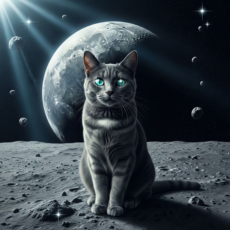 Charcoal Grey Cat Sitting Gracefully on Moon