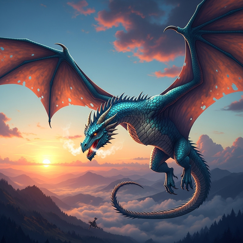 Fantasy Dragon Soaring in Vibrant Sky