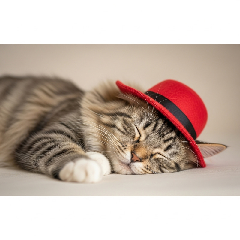 Adorable Snoozing Cat in Red Hat | Sweet Slumber Scene Adorable Snoozing Cat in Red Hat | Sweet Slumber Scene