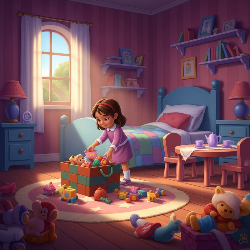 Hispanic Little Girl Organizing Toys in Colorful Room | Pixar Style Hispanic Little Girl Organizing Toys in Colorful Room | Pixar Style