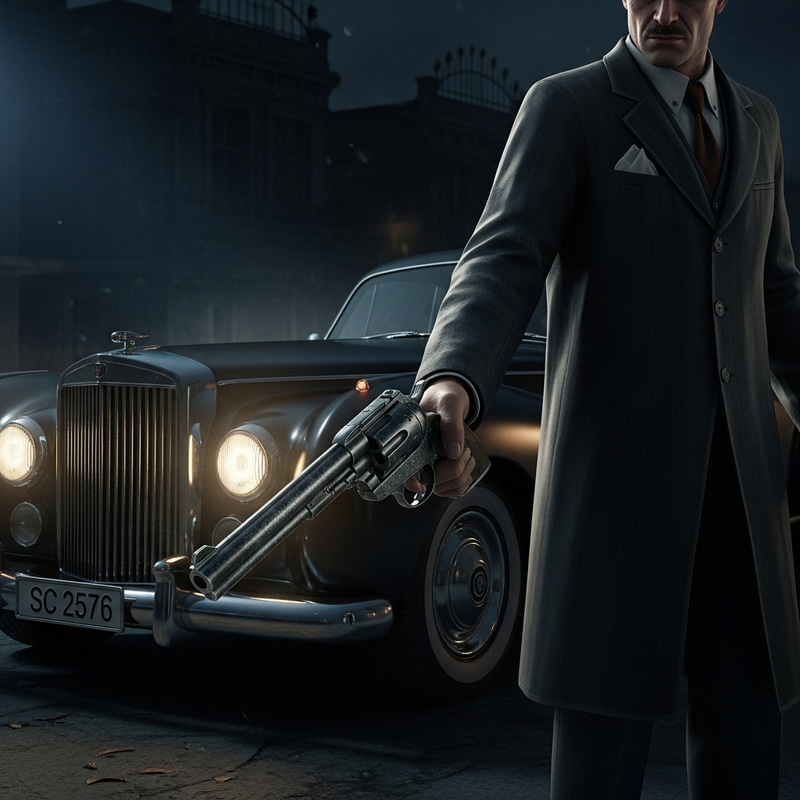Vintage Mafia Mobster Near Luxury Car with Polished Revolver Vintage Mafia Mobster Near Luxury Car with Polished Revolver