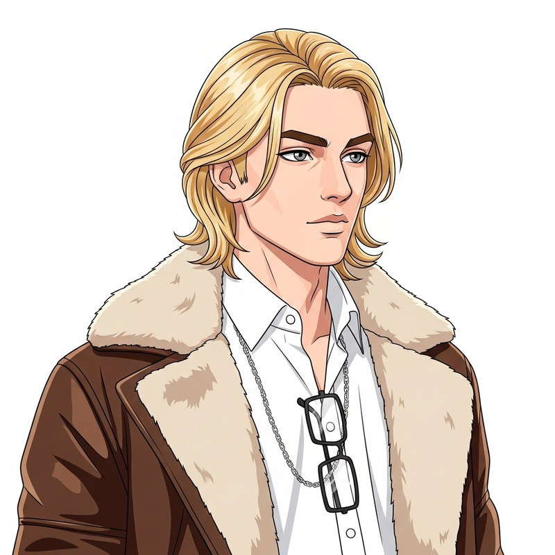 Blonde Man with Long Hair, Grey Eyes, and Rectangular Glasses in White Shirt and Brown Jacket with Fur Blonde Man with Long Hair, Grey Eyes, and Rectangular Glasses in White Shirt and Brown Jacket with Fur